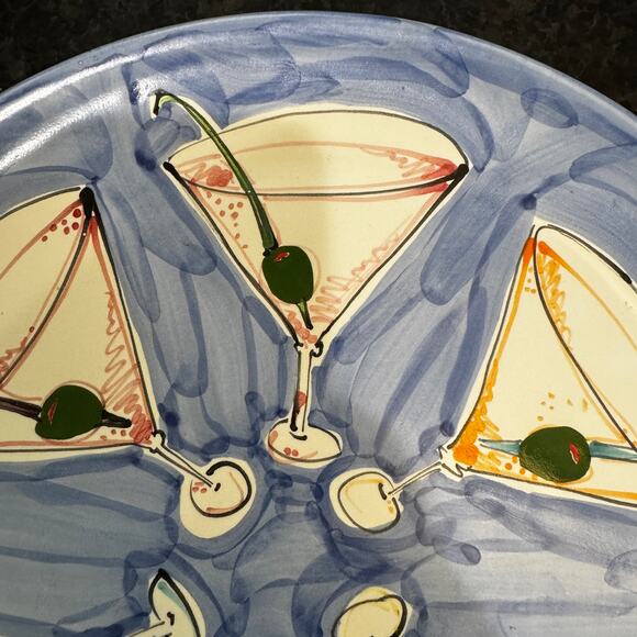 Hand Painted Martini Glass Platter Signed Pugh Retro Barware Art Pottery heavy - Picture 7 of 7
